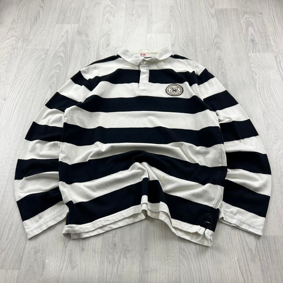 VINTAGE Y2K STRIPED LONG SLEEVE RUGBY POLO SHIRT BLACK / WHITE
