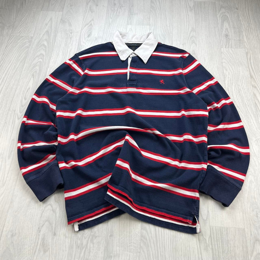 VINTAGE Y2K EXPRESS STRIPED LONG SLEEVE RUGBY POLO SHIRT NAVY