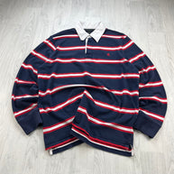 VINTAGE Y2K EXPRESS STRIPED LONG SLEEVE RUGBY POLO SHIRT NAVY