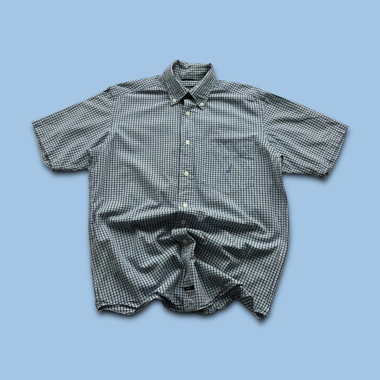 VINTAGE Y2K NAUTICA CHECKERED SHORT SLEEVE BUTTON UP SHIRT NAVY BLUE