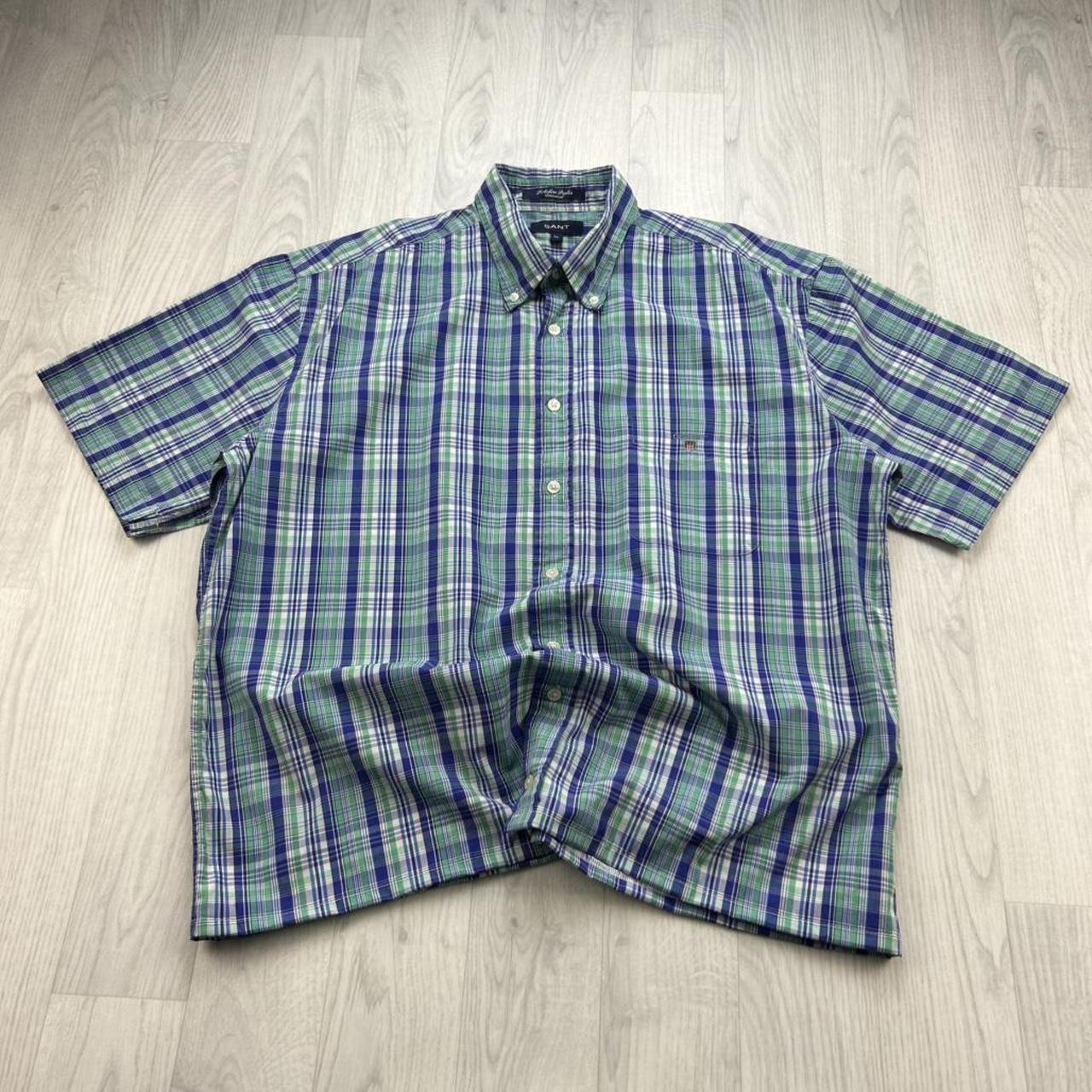 VINTAGE 00s GANT CHECKERED CROPPED SHORT SLEEVE BUTTON UP SHIRT GREEN / BLUE