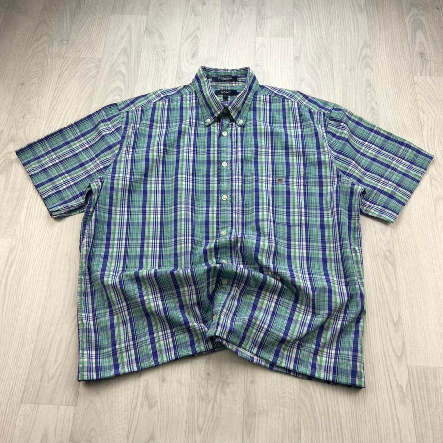 VINTAGE 00s GANT CHECKERED CROPPED SHORT SLEEVE BUTTON UP SHIRT GREEN / BLUE