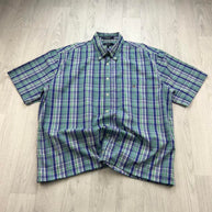 VINTAGE 00s GANT CHECKERED CROPPED SHORT SLEEVE BUTTON UP SHIRT GREEN / BLUE