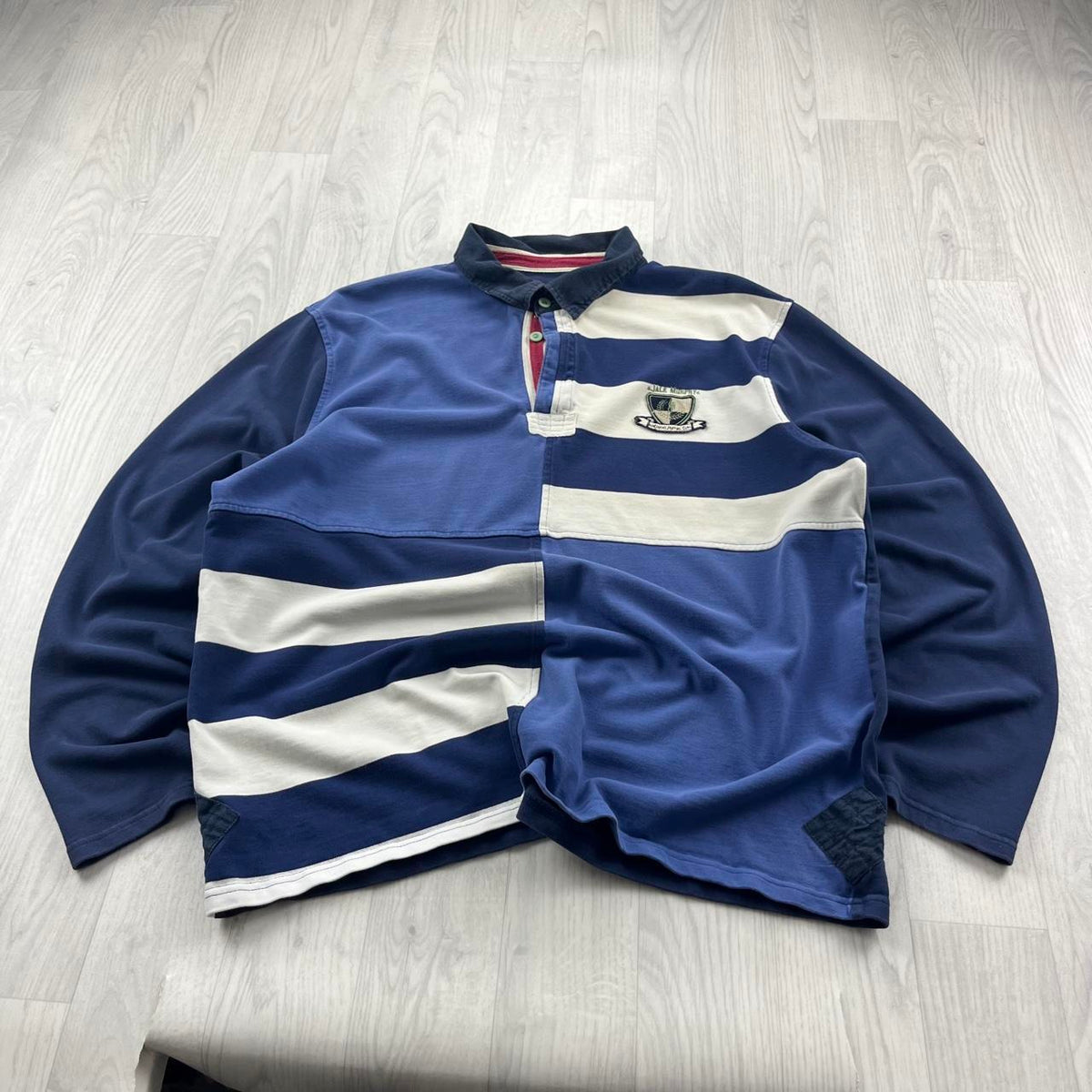 VINTAGE Y2K STRIPED LONG SLEEVE RUGBY POLO SHIRT NAVY BLUE