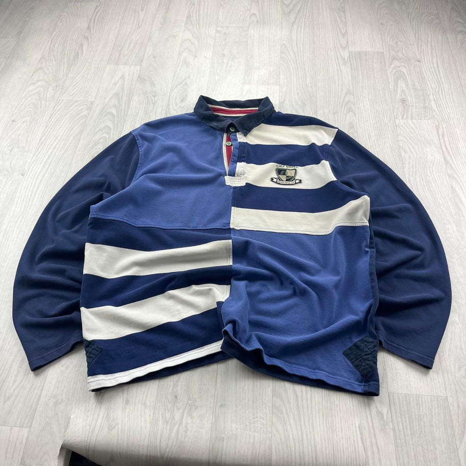 VINTAGE Y2K STRIPED LONG SLEEVE RUGBY POLO SHIRT NAVY BLUE