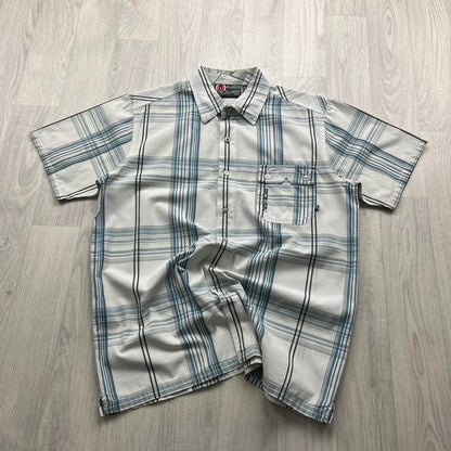 VINTAGE Y2K ANIMAL PLAID SHORT SLEEVE BUTTON SHIRT WHITE / BLUE
