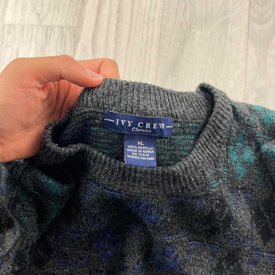 VINTAGE 90s PATTERN KNITTED JUMPER CHARCOAL GREY