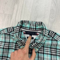 VINTAGE 00s TOMMY HILFIGER CHECKERED CROPPED SHORT SLEEVE BUTTON UP SHIRT BLACK / TURQUOISE