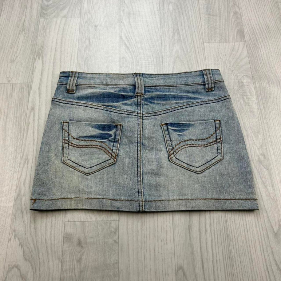 VINTAGE Y2K FISHBONE DENIM MINI SKIRT LIGHT BLUE