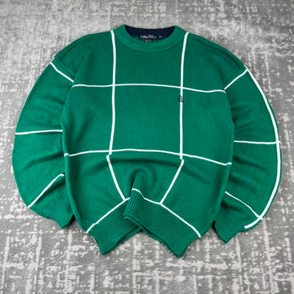 VINTAGE Y2K NAUTICA CHECKERED KNITTED JUMPER GREEN