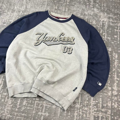 VINTAGE Y2K YANKEES MLB SPELL OUT SWEATSHIRT GREY / NAVY