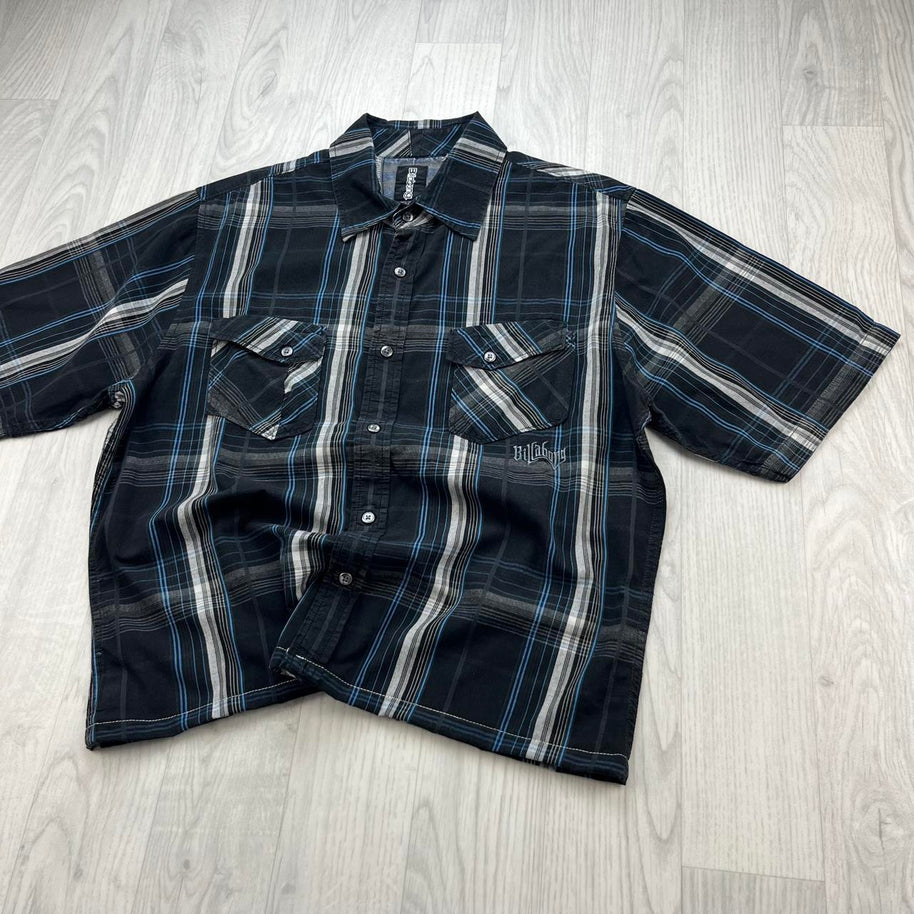 VINTAGE 00s BILLABONG CHECKERED CROPPED SHORT SLEEVE BUTTON UP SHIRT BLACK