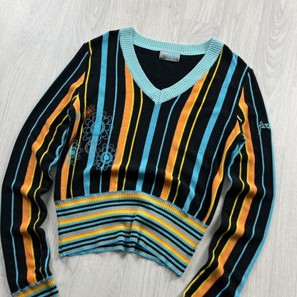 VINTAGE Y2K FUNKY GIRL STRIPED V NECK JUMPER BLACK MULTI