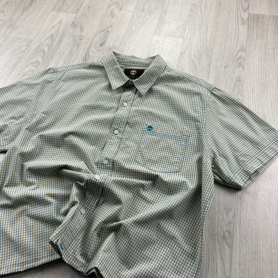 VINTAGE 00s TIMBERLAND CHECKERED CROPPED SHORT SLEEVE BUTTON UP SHIRT GREEN