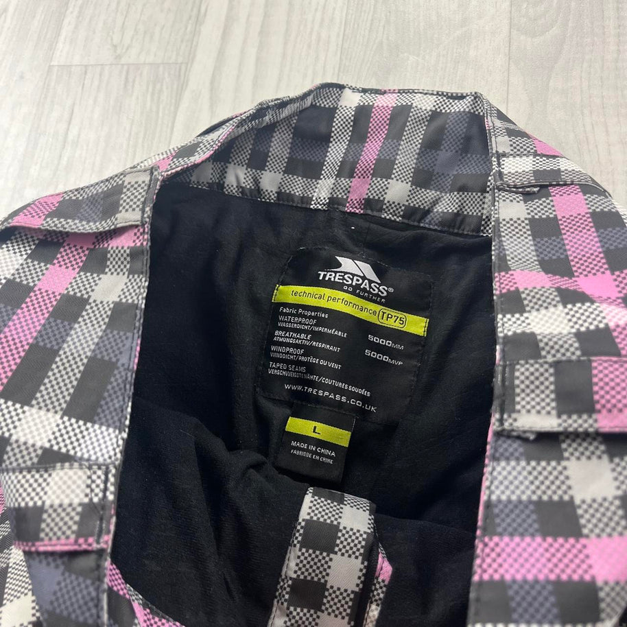 VINTAGE Y2K TRESPASS BAGGY PLAID SKI PANTS SALOPETTES GREY / PINK