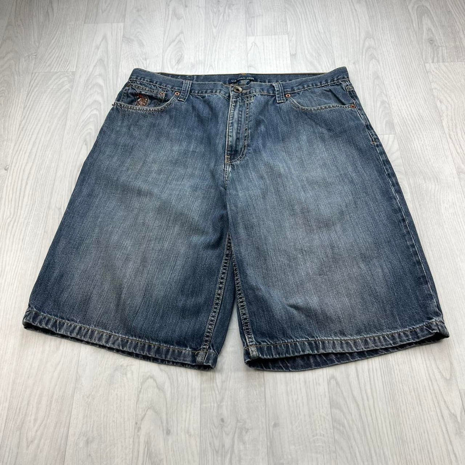 VINTAGE Y2K US POLO ASSN BAGGY DENIM JORTS NAVY BLUE