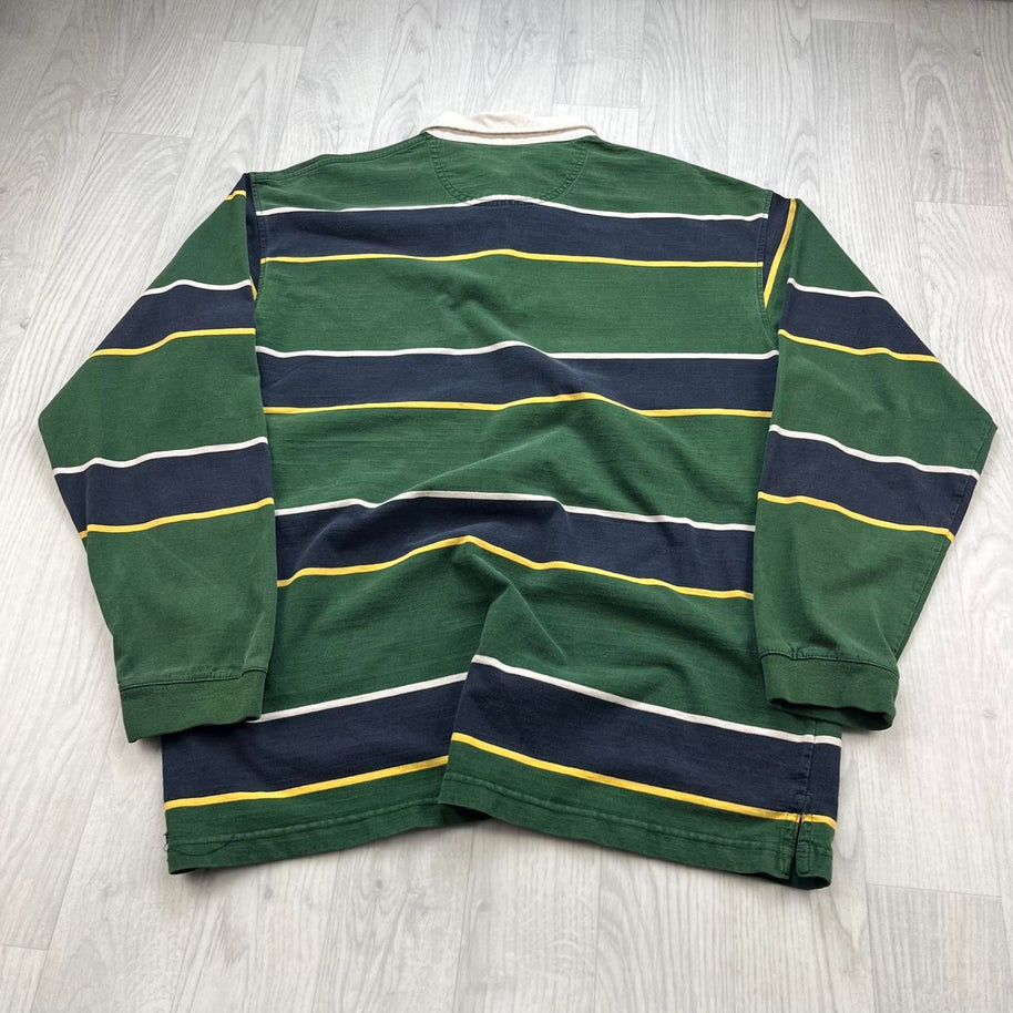 VINTAGE Y2K HAGGAR STRIPED LONG SLEEVE RUGBY POLO SHIRT GREEN