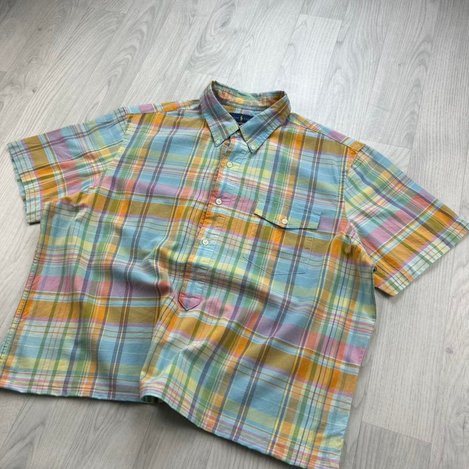 VINTAGE 00s RALPH LAUREN CHECKERED CROPPED SHORT SLEEVE BUTTON UP SHIRT BLUE
