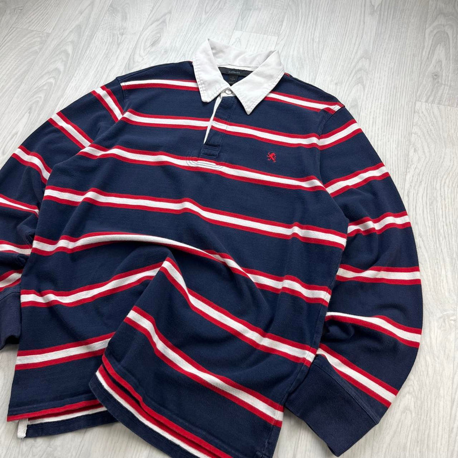 VINTAGE Y2K EXPRESS STRIPED LONG SLEEVE RUGBY POLO SHIRT NAVY