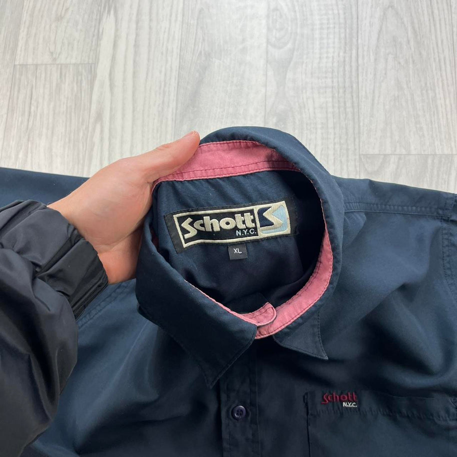 VINTAGE 00s SCHOTT PLAIN UTILITY SHORT SLEEVE BUTTON UP SHIRT NAVY