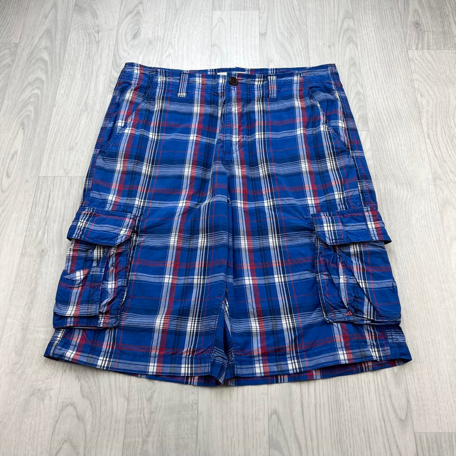 VINTAGE Y2K URBAN PIPELINE BAGGY CHECKERED PLAID CARGO SHORTS BLUE