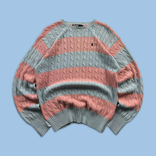 VINTAGE Y2K POLO RALPH LAUREN CHUNKY STRIPED CABLE KNITTED JUMPER PINK BLUE