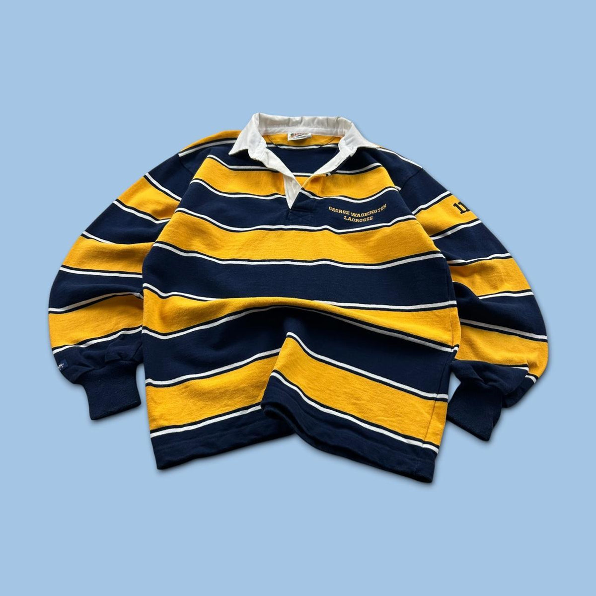 VINTAGE Y2K STRIPED LONG SLEEVE RUGBY POLO SHIRT YELLOW NAVY