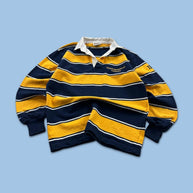 VINTAGE Y2K STRIPED LONG SLEEVE RUGBY POLO SHIRT YELLOW NAVY