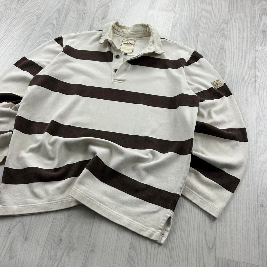 VINTAGE Y2K STRIPED LONG SLEEVE RUGBY POLO SHIRT WHITE / BROWN