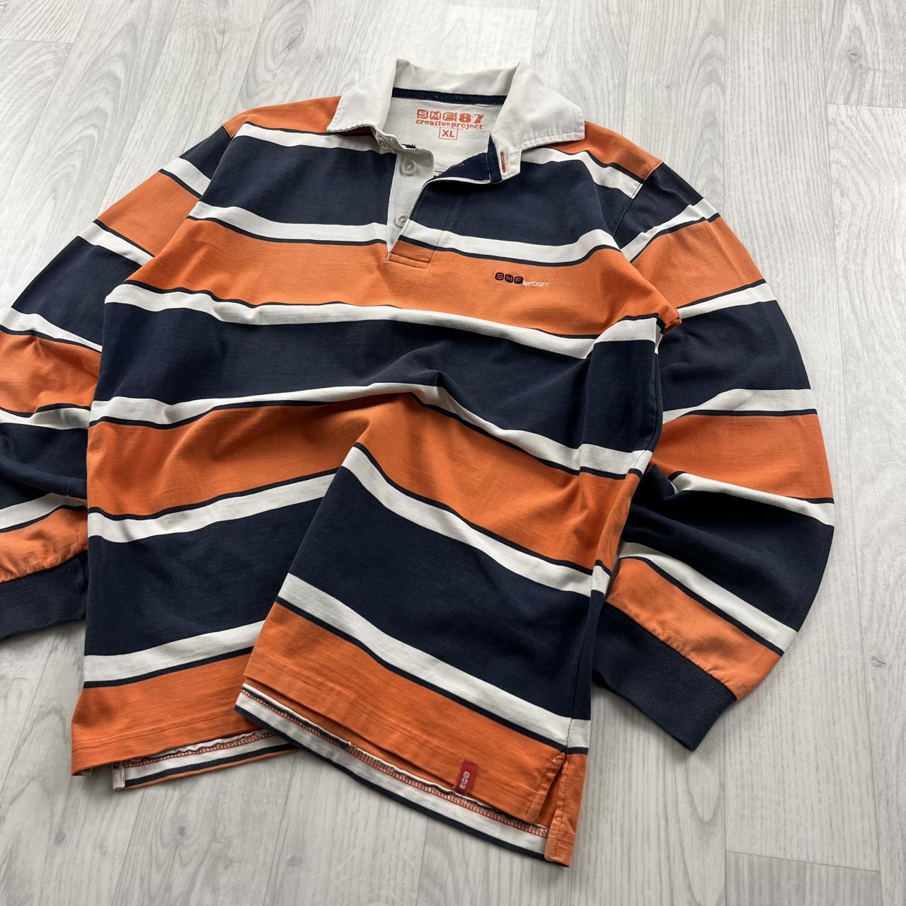 VINTAGE Y2K SMF STRIPED LONG SLEEVE RUGBY POLO SHIRT ORANGE / NAVY