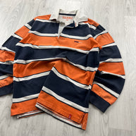 VINTAGE Y2K SMF STRIPED LONG SLEEVE RUGBY POLO SHIRT ORANGE / NAVY
