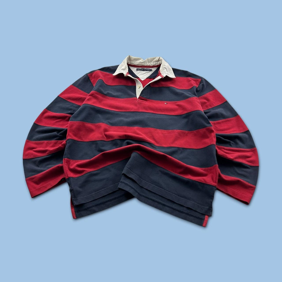 VINTAGE Y2K TOMMY HILFIGER STRIPED LONG SLEEVE RUGBY POLO SHIRT RED NAVY
