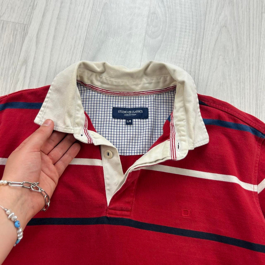 VINTAGE Y2K STRIPED LONG SLEEVE RUGBY POLO SHIRT RED