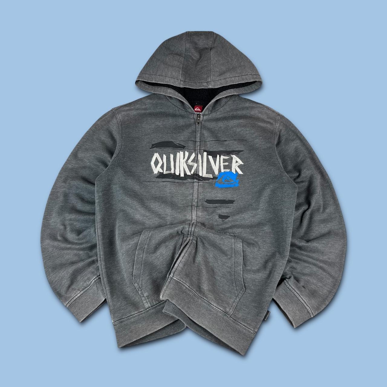 VINTAGE Y2K QUIKSILVER GRAPHIC FLEECE LINED ZIP UP HOODIE GREY