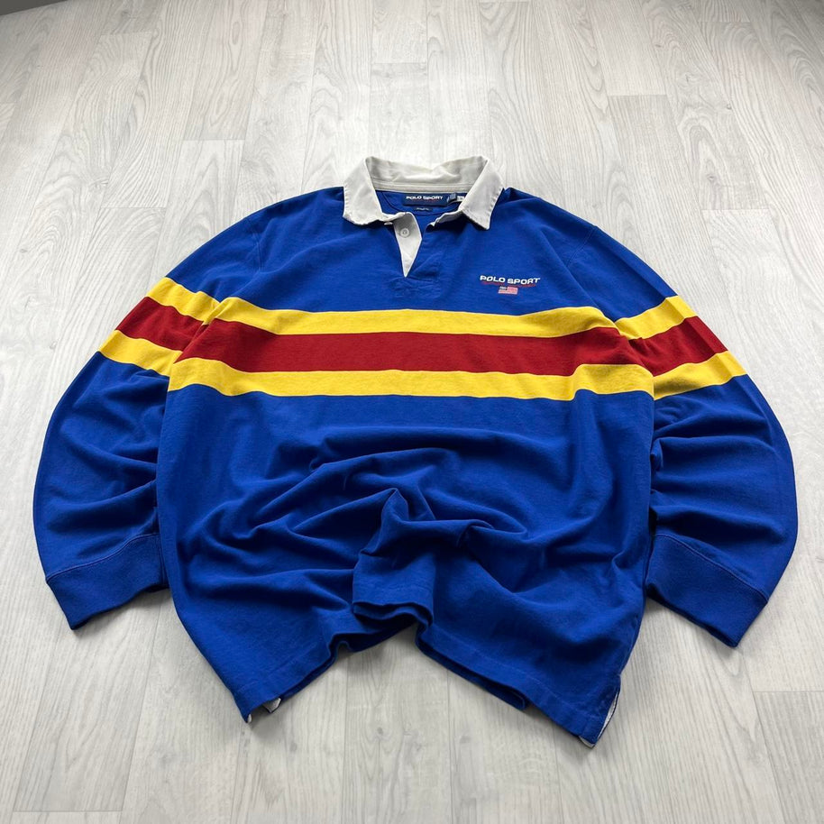 VINTAGE Y2K POLO SPORT STRIPED LONG SLEEVE RUGBY POLO SHIRT BLUE
