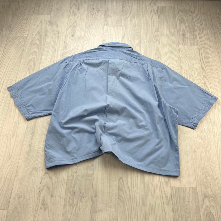 VINTAGE 00s RALPH LAUREN PLAIN CROPPED SHORT SLEEVE BUTTON UP SHIRT BLUE