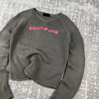 VINTAGE Y2K DKNY CROPPED SPELL OUT KNITTED JUMPER BROWN