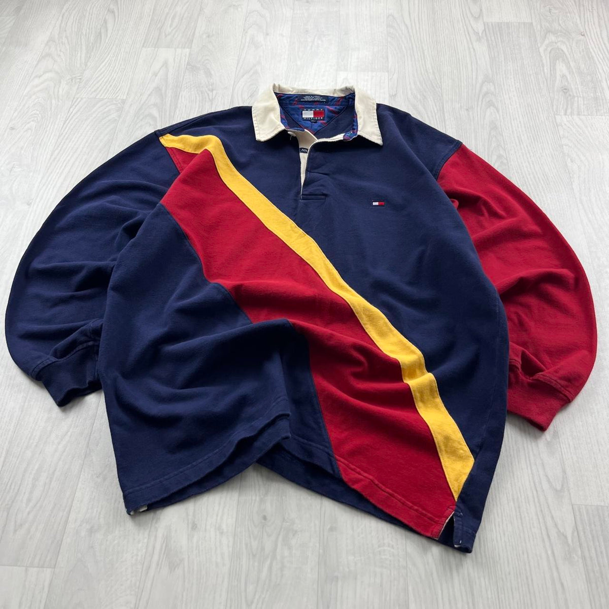 VINTAGE Y2K TOMMY HILFIGER STRIPED LONG SLEEVE RUGBY POLO SHIRT NAVY
