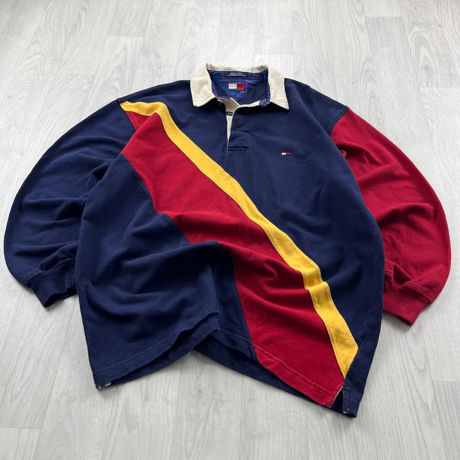 VINTAGE Y2K TOMMY HILFIGER STRIPED LONG SLEEVE RUGBY POLO SHIRT NAVY