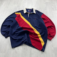 VINTAGE Y2K TOMMY HILFIGER STRIPED LONG SLEEVE RUGBY POLO SHIRT NAVY