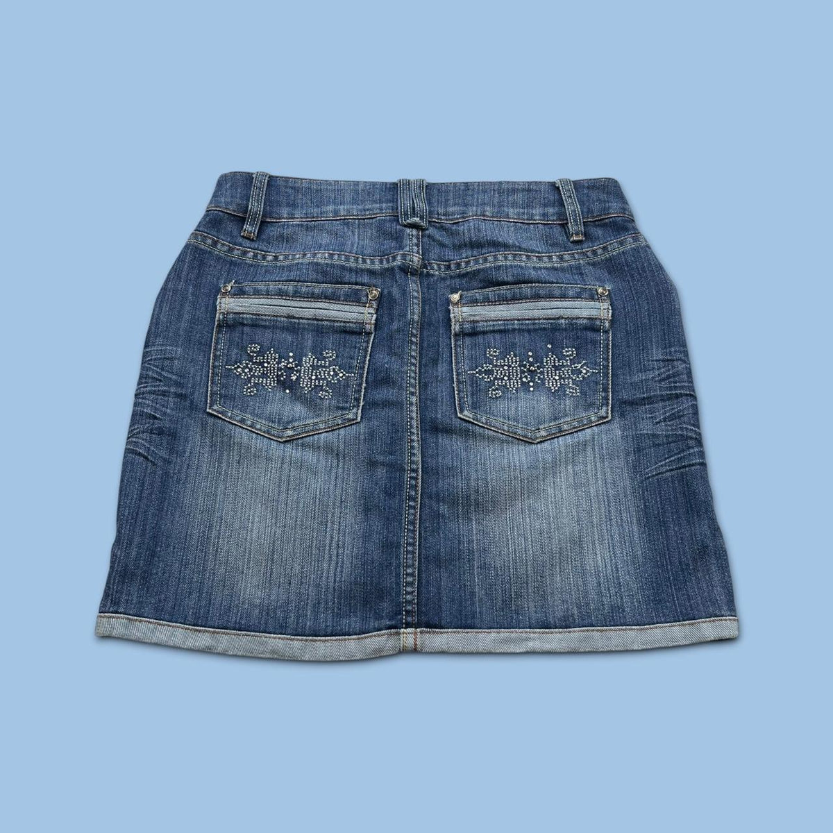 VINTAGE Y2K CACHE DIAMANTE DENIM LOW RISE MINI SKIRT BLUE