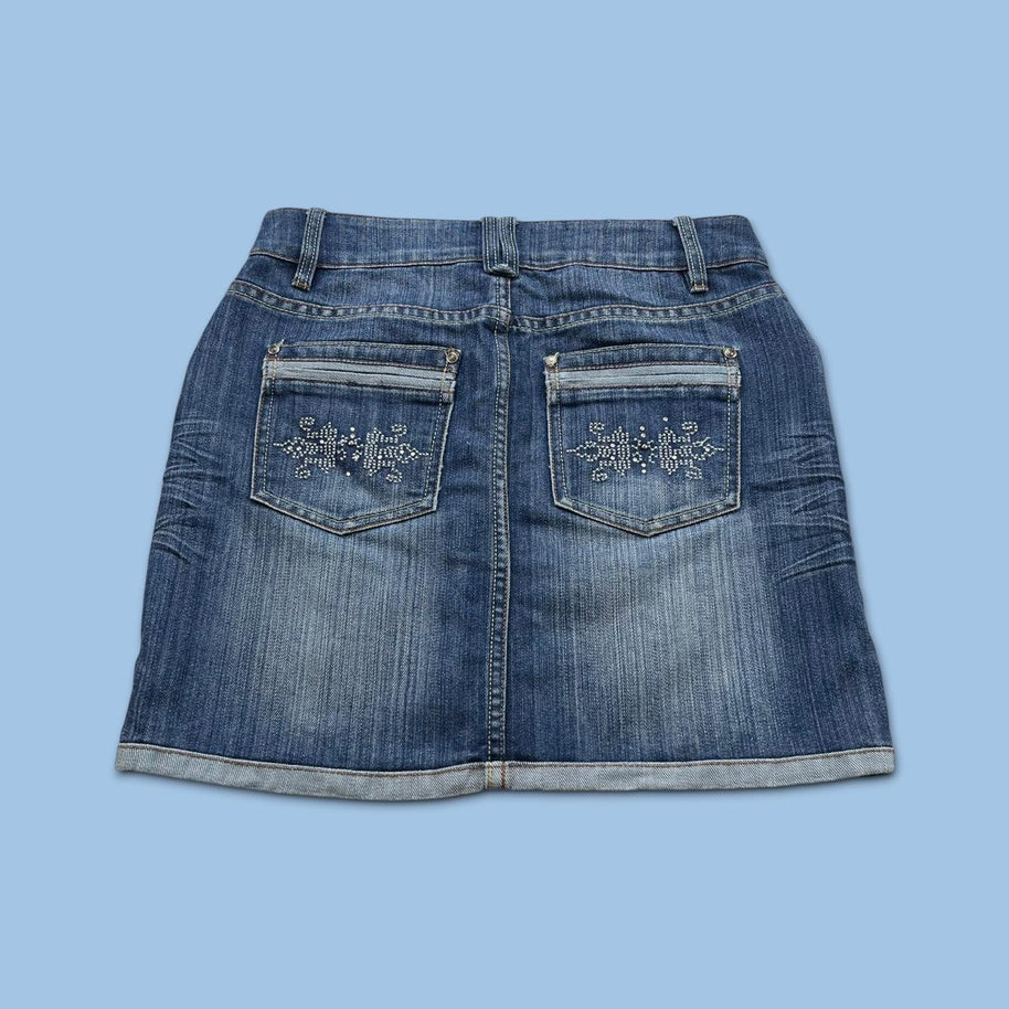 VINTAGE Y2K CACHE DIAMANTE DENIM LOW RISE MINI SKIRT BLUE