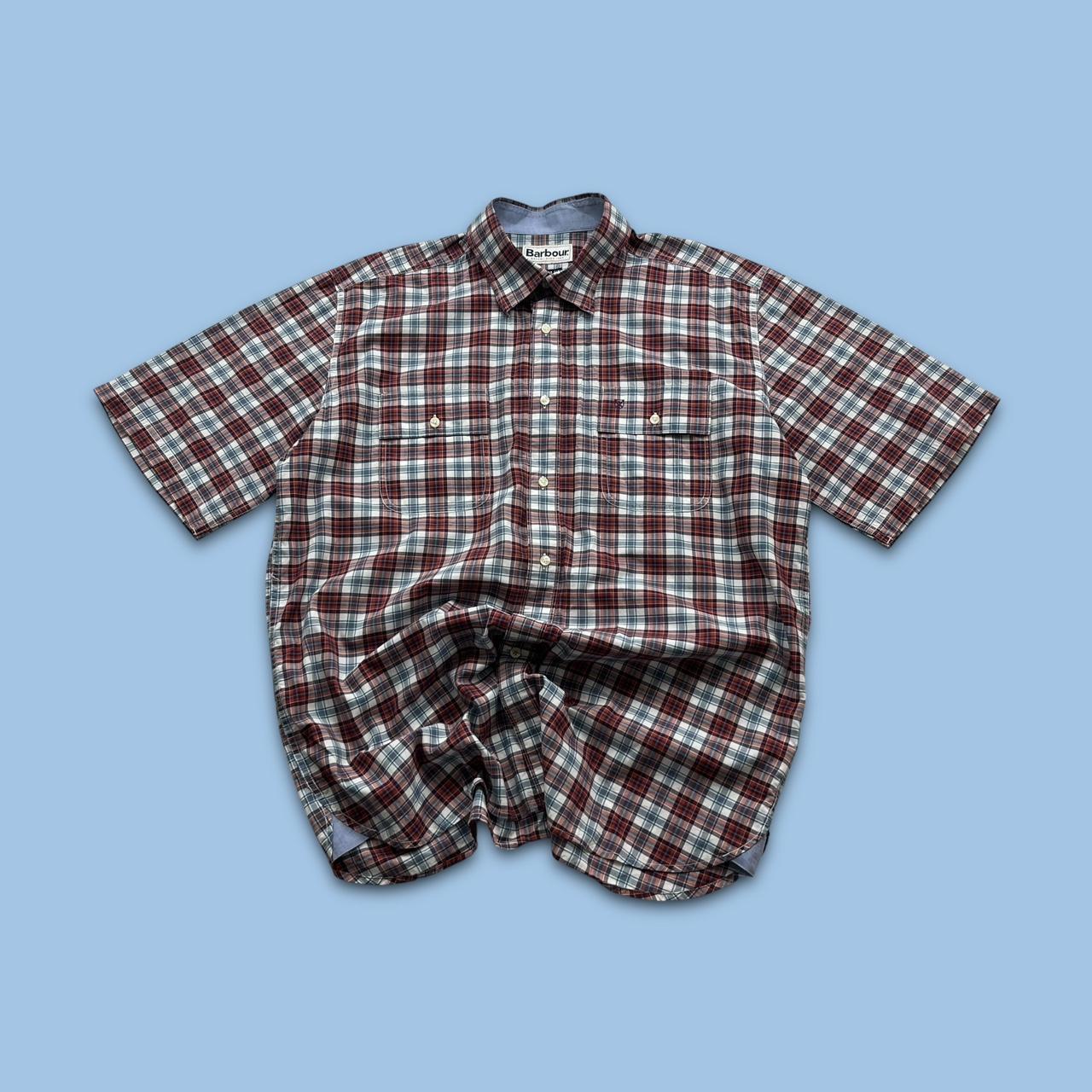 BARBOUR CHECKERED SHORT SLEEVE BUTTON UP SHIRT BURGUNDY / BLUE