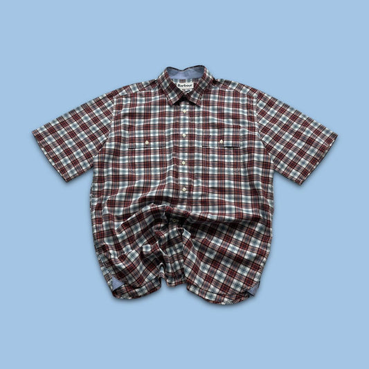 BARBOUR CHECKERED SHORT SLEEVE BUTTON UP SHIRT BURGUNDY / BLUE