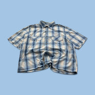 VINTAGE 00s CHEROKEE CHECKERED CROPPED SHORT SLEEVE BUTTON UP SHIRT BLUE WHITE