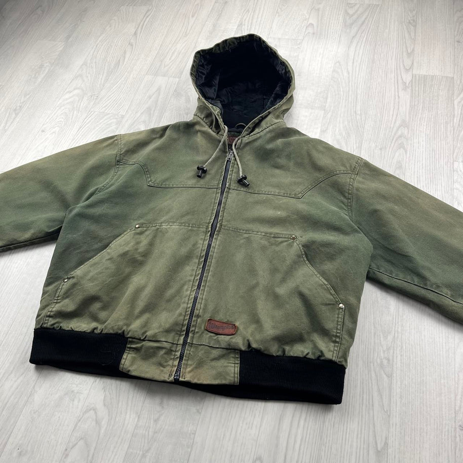 VINTAGE 90s WRANGLER HOODED WORKWEAR BOMBER JACKET MATCHA GREEN
