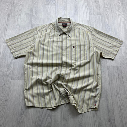 VINTAGE Y2K QUIKSILVER STRIPED SHORT SLEEVE SHIRT CREAM