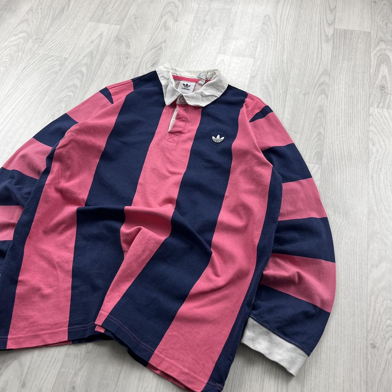 ADIDAS STRIPED LONG SLEEVE RUGBY POLO SHIRT PINK / NAVY