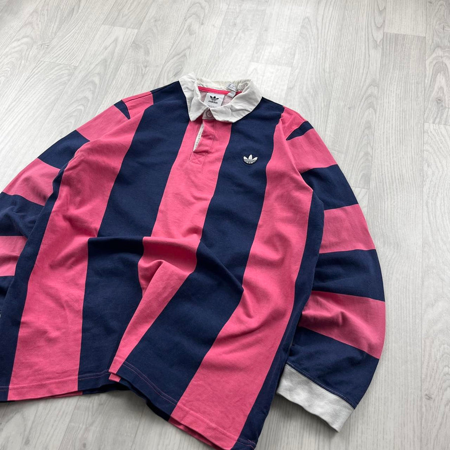 ADIDAS STRIPED LONG SLEEVE RUGBY POLO SHIRT PINK / NAVY