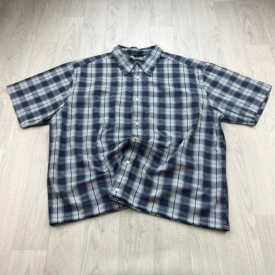 VINTAGE 00s GAP CHECKERED CROPPED SHORT SLEEVE BUTTON UP SHIRT NAVY BLUE